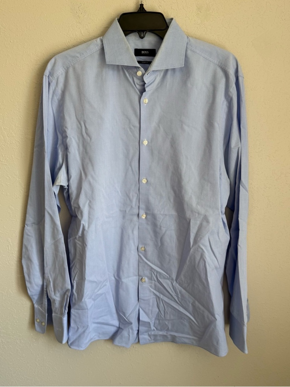 Mens 16” Light Blue Hugo Boss Sharp Fit Office White Dot Pattern Button Up Shirt